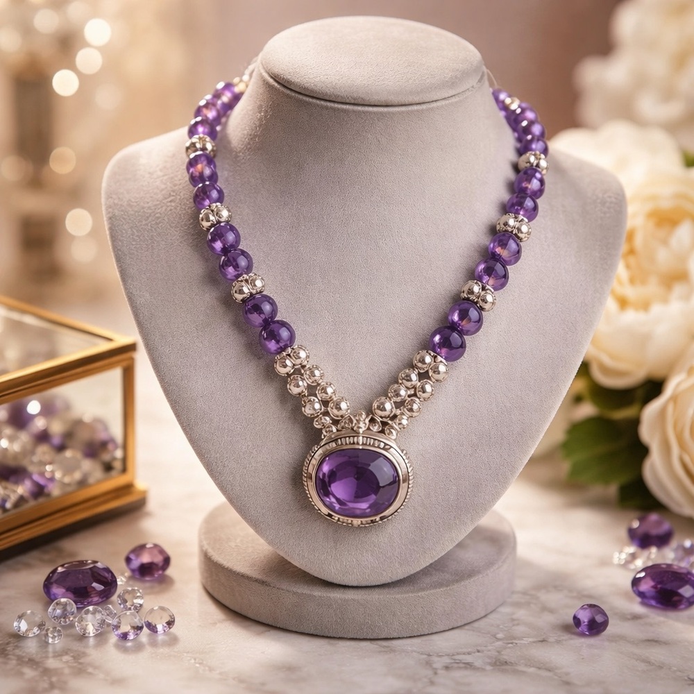Amethyst and sterling Silver Beaded Necklace